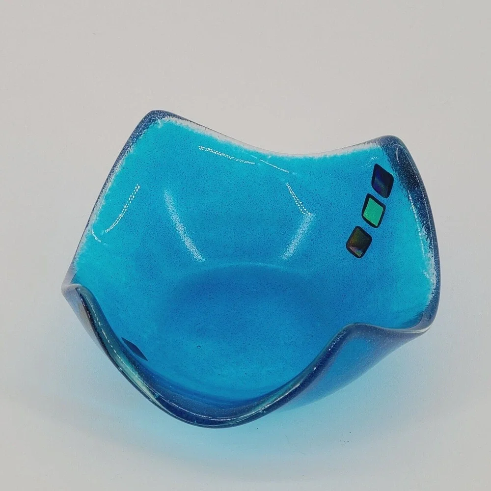 Kiln Arts Nova Scotia Blue Folded Art Glass Bowl Dichroic Squares Signed